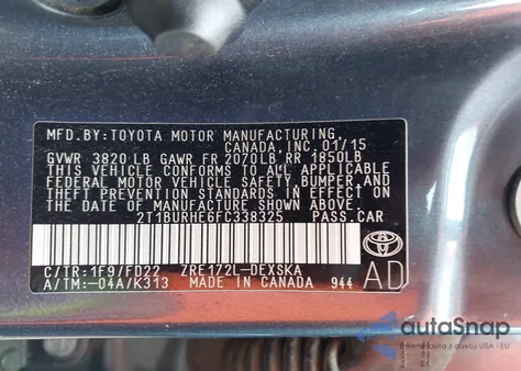 2015 Toyota Corolla S Plus from USA, damaged, VIN 2T1BURHE6FC338325